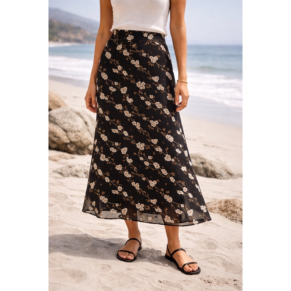Vintage Express Black‎ Floral Midi Skirt Chiffon A Line 90s Whimsigoth Small